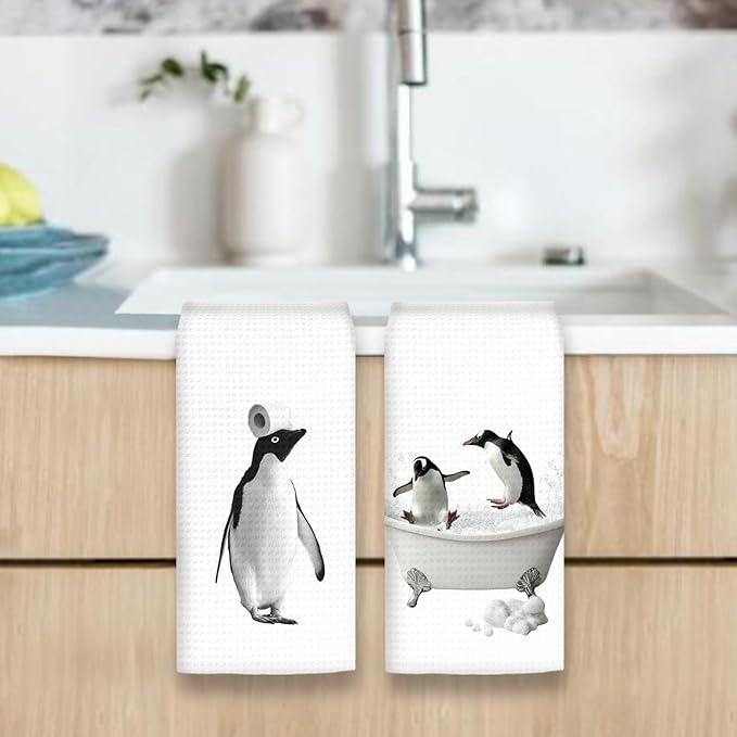 Funny Penguin Hand Towels Set of 2, Funny Penguins Take a Bath Hand Towels for Bathroom Washroom Restroom, Penguin Decor Gifts for Kids, Cute Penguins Kids Nursey Bathroom Decor, 16x24In