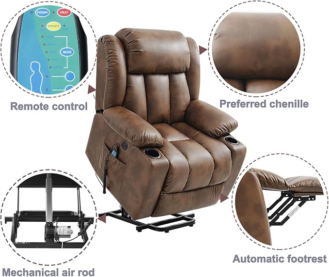 PARKOL Power Lift Recliner Chair for Elderly Breathable Leather Recliner Chair with Massage and Heat for People Limited Mobility (Ochre, Small)