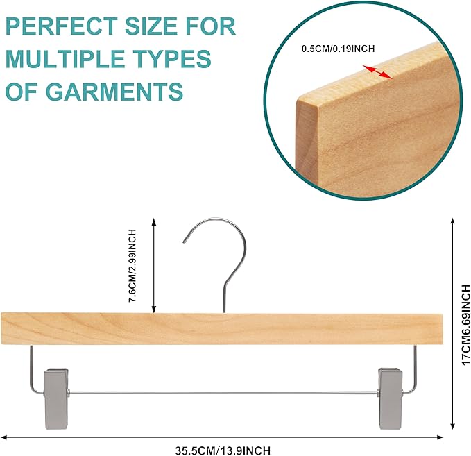 Quality Hangers 20 Pack Wooden Skirt Pant Hangers, Luxury 14" Ultra Thin Space Saving Skirt Hangers, 360 Degree Swivel Hook, Best for Pants, Skirts, Trousers, Leggings (20, Natural, Skirt/Pant)