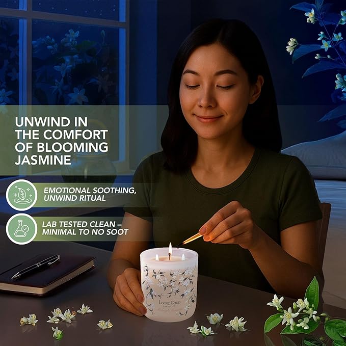 Midnight Jasmine Beeswax Candle - Nostalgic Soft Jasmine with Pink Pepper & Vanilla - Subtle & Refreshing - 90+ Hours of Clean & Non-Toxic Burn - Hand-Drawn Jar - Perfect Unique Gift - 15 OZ