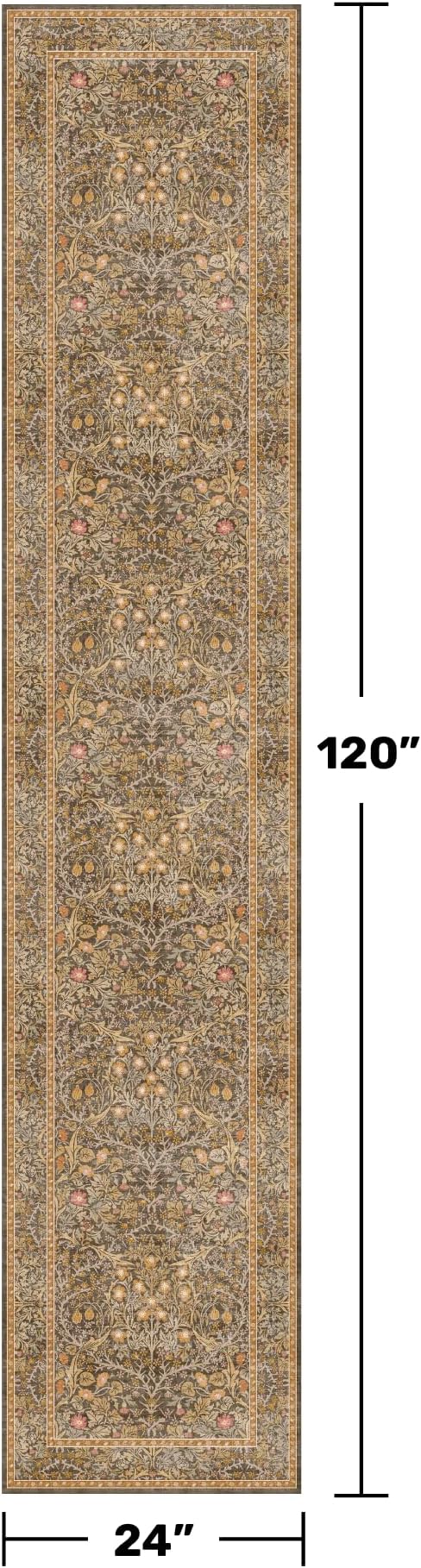 Non Slip 2x10 Gold Brown Hallway Runner - 10ft Long Runner Rugs, Washable Kitchen Floor Mat - Vintage Floral Design Décor