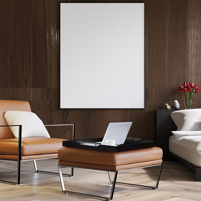 Large Square Ottoman Tray 24 x 24 x 2 Inch Wood Serving Tray with 4 Coasters and Metal Handles for Food Coffee Tea Table Sofa Living Room Home Housewarming Gift(Black)