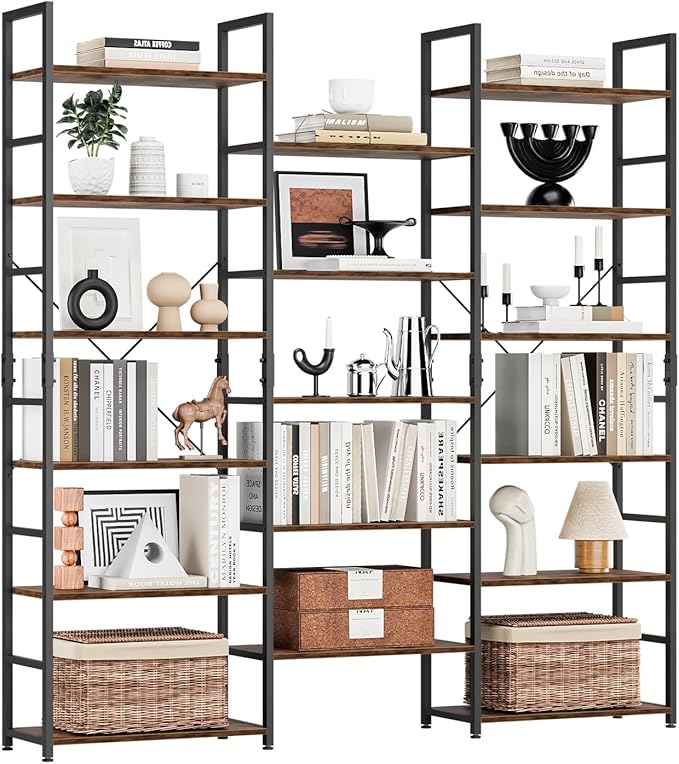 NUMENN Triple Column 6 Tier Bookshelf, Bookcase with 17 Open Display Shelves, Adjustable Rustic Industrial Style Book Shelves, Modern Bookshelves for Bedroom, Living Room and Home Office, Vintage