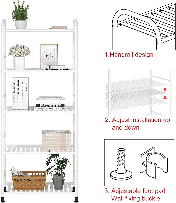 JSB 5-Tier Adjustable Shelving Unit, Heavy Duty Storage Rack Organizer Metal Corner Shelf for Kitchen Living Room Laundry Pantry Bathroom (White, 5 Tier)
