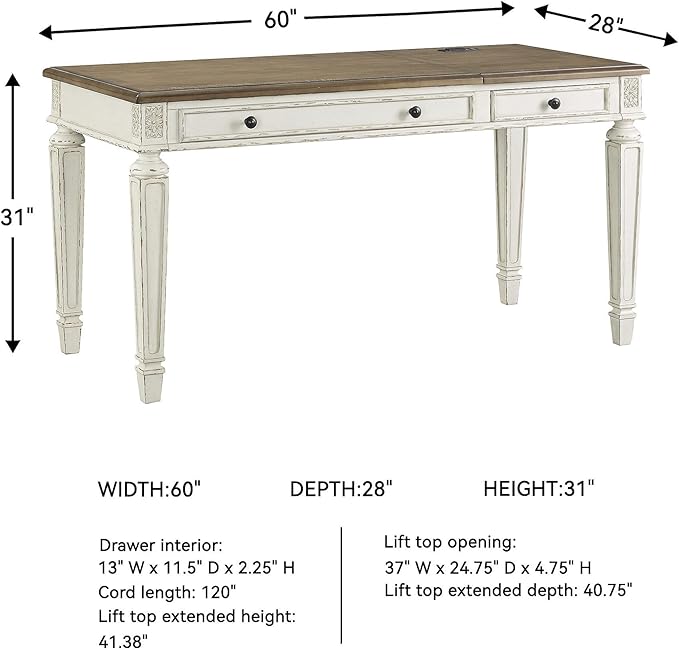 Signature Design by Ashley Realyn French Country 60" Home Office Lift Top Desk with USB Charging, Chipped White