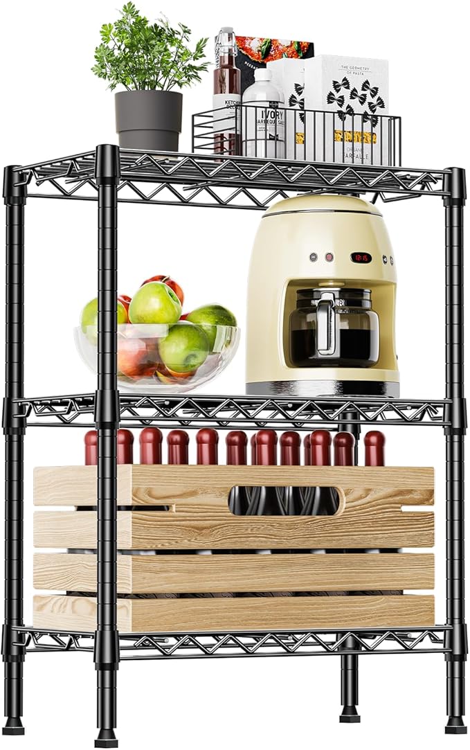 IZEUK 3-Tier Steel Storage Shelves, Heavy Duty Metal Shelf Wire Shelving Rack for Pantry, Kitchen, Living Room, or Office Organization (21.7" W x 11.8" D x 28.6" H, 750LBS, Black)