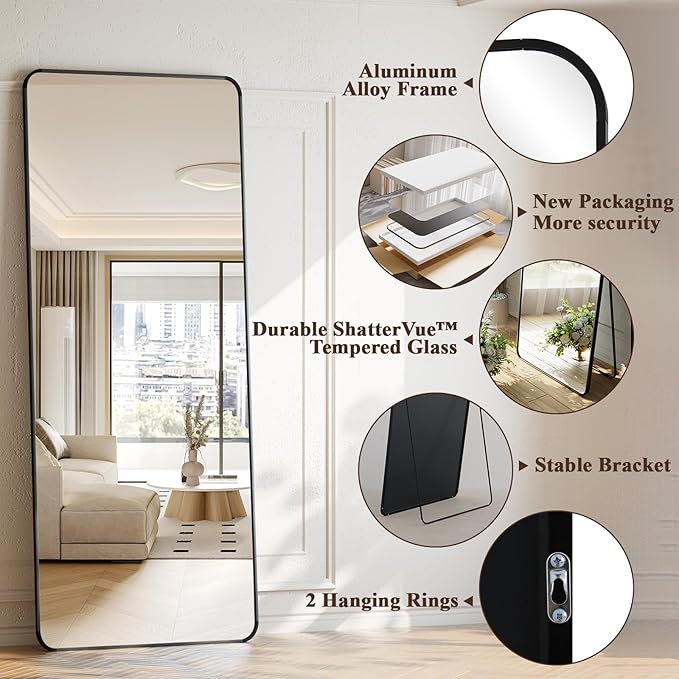 65"x24" Floor Full Length Mirror Standing Full Body Rounded Corner Rectangle Mirrors with Stand Hanging Wall Mounted Leaning Bedroom Living Room Bedroom Cloakroom,Black