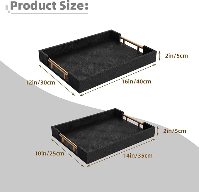 2 Piece Woven Leather Ottoman Tray with Gold Handles, Perfect Rectangular Serving Tray for Living Room, Coffee Table Tray as Thoughtful Gift for Home Decor Enthusiasts (Black)