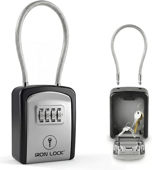 Iron Lock® Key Lock Box Portable with Cable Shackle – Small Waterproof Heavy-Duty Metal Safe with 4-Digit Combination for Spare Keys Outside on Door Knob, Fence, Pipe or Gate (Grey, Small)