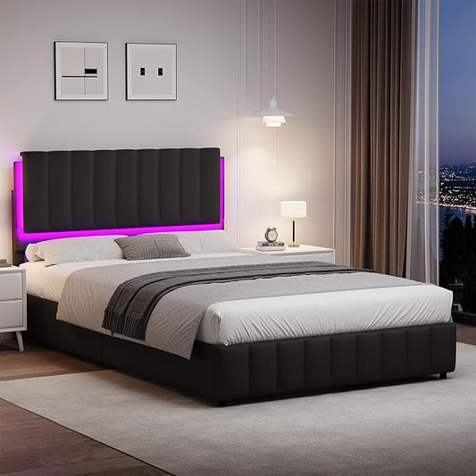 Queen Bed Frame with LED Lights and Headboard, Modern Upholstered Faux Leather Platform Bed with Wooden Slats Support, No Box Spring Needed, Easy Assembly, Black