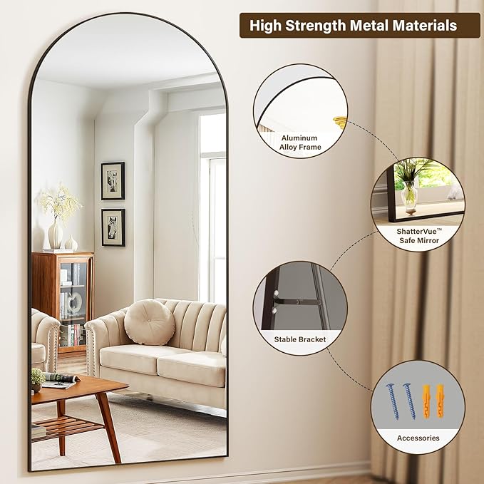 78"x38" Arched Full Length Mirror Floor Mirrors with Aluminum Alloy Frame Free-Standing Wall Mounted Floor Mirrors or Large Dressing Mirror, Black Mirror Full Length