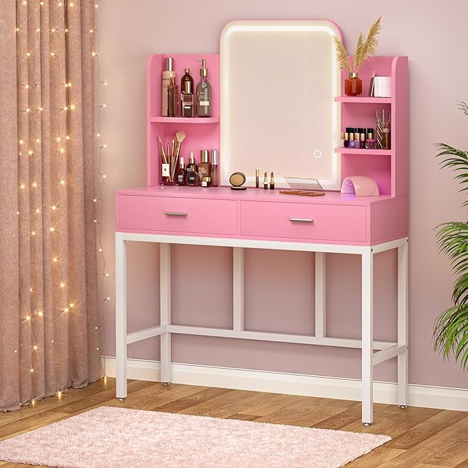 Armocity Vanity Desk with Mirror and Lights, Makeup Vanity with 2 Storage Drawers, Makeup Desk with 3 Color Lighting Options, Modern Dressing Table with Storage Shelf for Bedroom, Pink