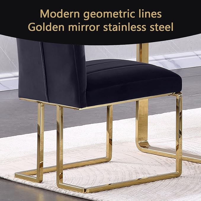 AUZ Dining Chairs Set of 6, Black and Gold Velvet Upholstered Dining Chairs with High Back and Polished Stainless Steel Sled Legs