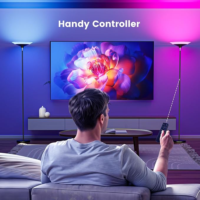 RGB Torchiere Floor Lamp - 30W Dimmable LED Standing Lamp with Remote, Multi Color Changing, 72in Tall Corner Light, Bright Standing Pole Light for Office Living Room Bedroom Basement, Black