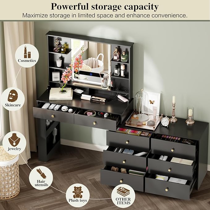 Makeup Vanity Desk with Mirror and Lights, Vanity Desk with 8 Drawers & Storage Shelves, Vanity Table with Power Outlet, 3 Color Modes & Adjustable Brightness Dressing Table, Bedroom,Jet
