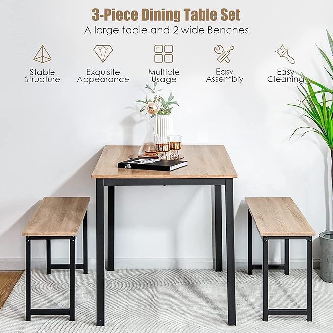 LDAILY Moccha Dining Table Set for 4, Kitchen Table with Benches,43 Inch 3-Piece Wooden Space-Saving Dinette Set with Metal Frame for Kitchen, Dining Room,Small Spaces, Industrial Brown & Black