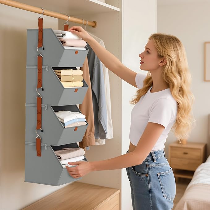 Hanging Closet Organizer 4 Tier - Clothes Hanging Shelves, Space-Saving Closet System, Fabric Storage Bins Bedroom Organization, Collapsible Baskets for Home, Dorm, Rv, Grey