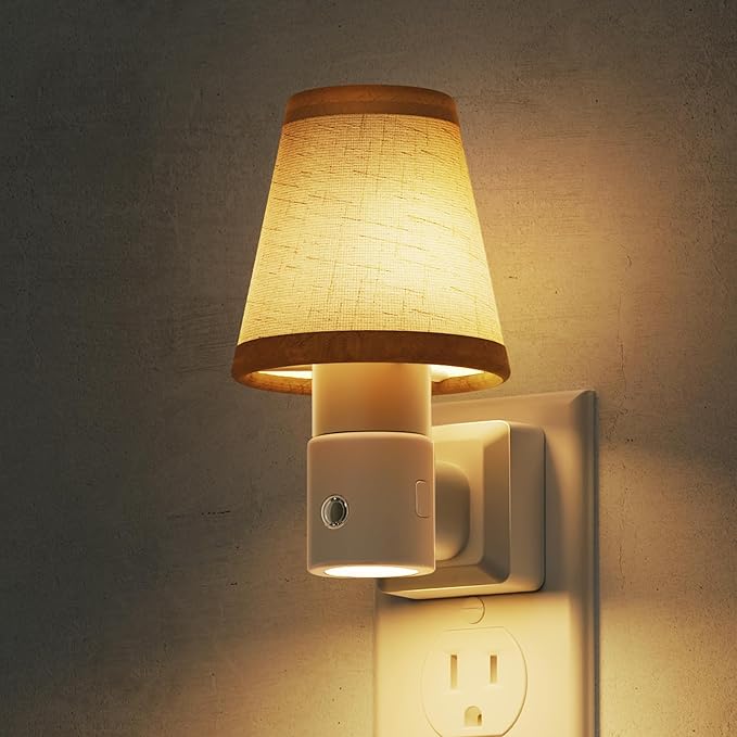 L LOHAS LED Night Lights Plug into Wall, Plug in Night Light Dimmable, Soft Warm Nightlight with Light Sensor, Rotatable Base, Vintage Linen Fabric Nightlights Plug in Wall for Bathroom Kitchen 1Pack