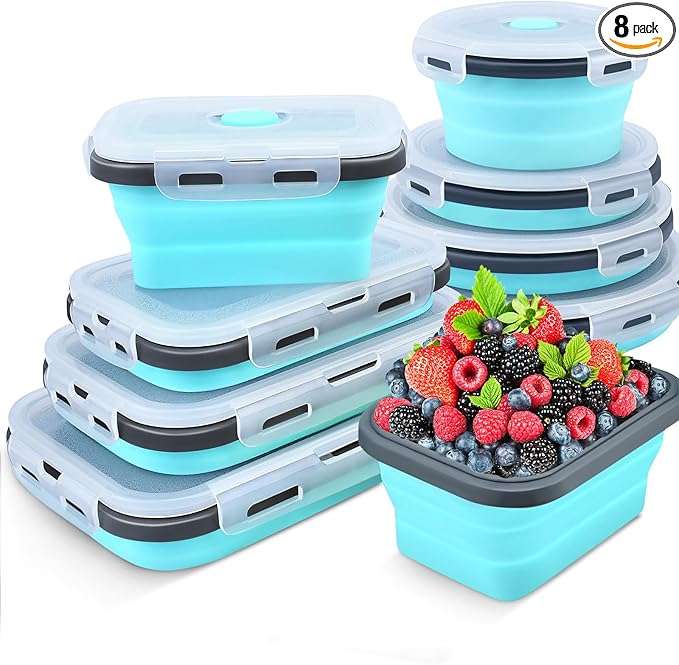8 Pack Collapsible Food Storage Containers with Lid & Air Vent, 4 Rectangular and 4 Round Foldable Collapsible Storage Containers Sets, Lunch Bowls for Travel, Microwave Freezer Dishwasher Safe