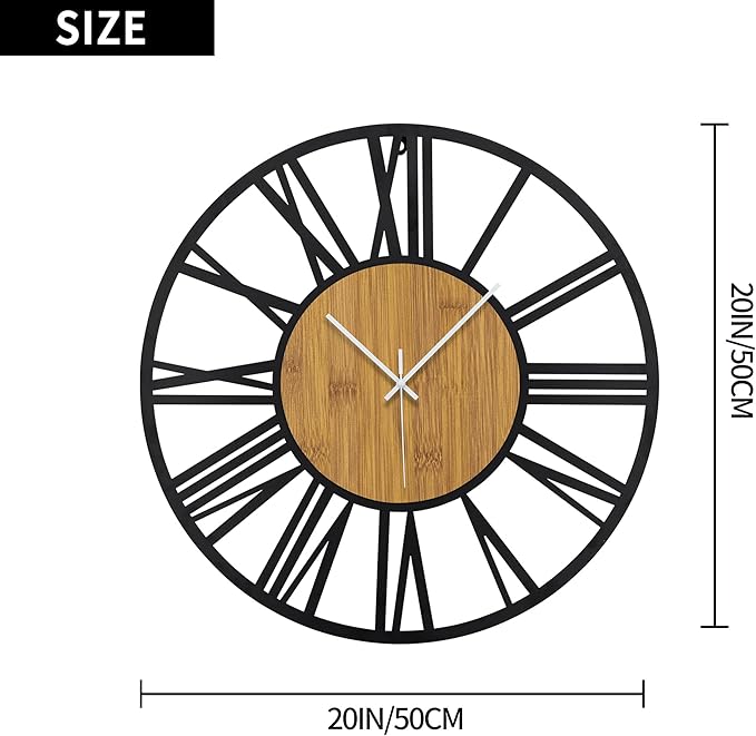 1st owned Wall Clocks for Living Room Decor,20" Vintage,Round Silent Non Ticking,Black Metal,Modern Wood Clocks for Home Bedroom,Kitchen,Garden,Office,Cafe,Modern Wall Decoration -Roman Numerals