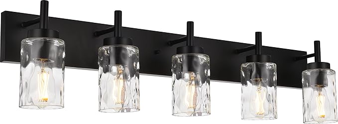 BONLICHT Modern Bathroom Lighting Over Mirror 5-Lights Rustic Bath Vanity Wall Mounted Light Fixtures Black Farmhouse Wall Sconce Lamp with Clear Hammered Glass Shade for Kitchen Living Room Hallway