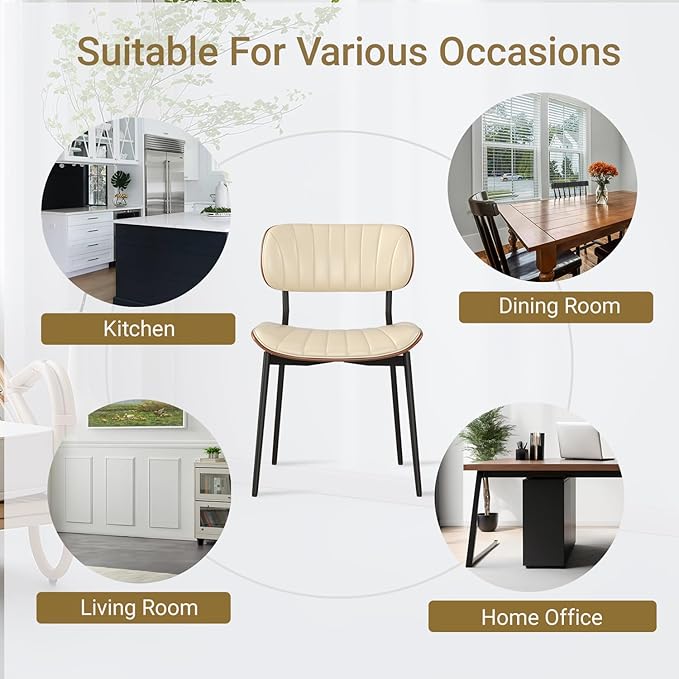 Mid Century Modern Dining Chairs Set of 6,Upholstered Faux Leather Kitchen Chairs with Walnut Bentwood Back and Metal Legs for Kitchen Dining Room Living Room, Beige