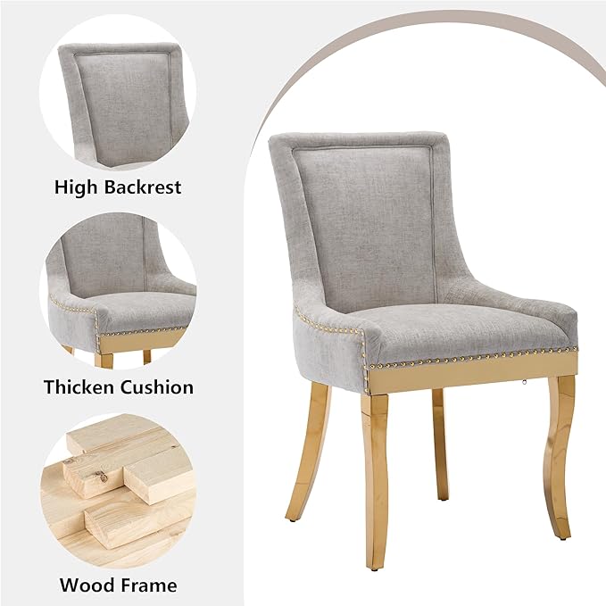 Luxury Fabirc Upholstered Dining Chairs Set of 2,Neutral Chenille Kitchen Room Chair with Nailhead Trim,Modern Padded Side Chairs for Dining Room,Living Room,Bar (Beige-Gold, Set of 2)