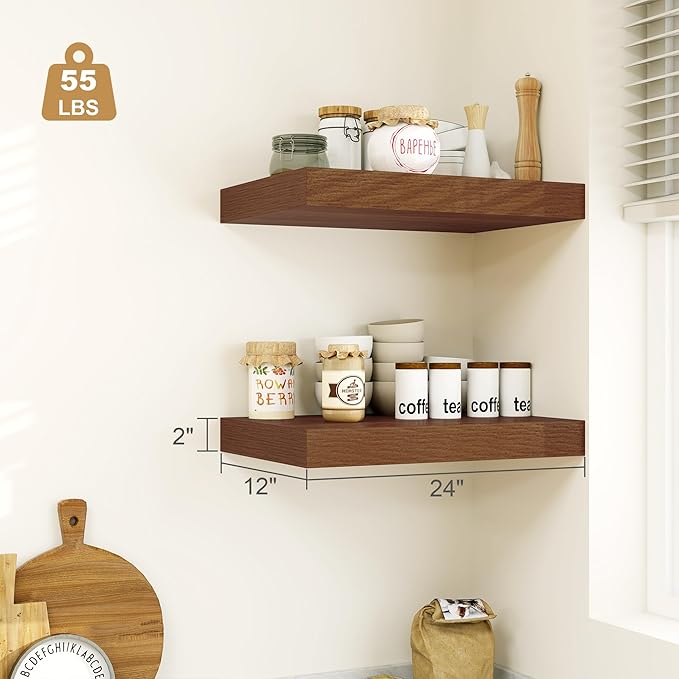 Heimlove 12" Deep Floating Shelves for Wall, 24 Inch Shelf Bathroom Shelves Set of 1, Mounted Shelves for Books Living Room Laundry Room Bedroom Kitchen Home Office, Walnut