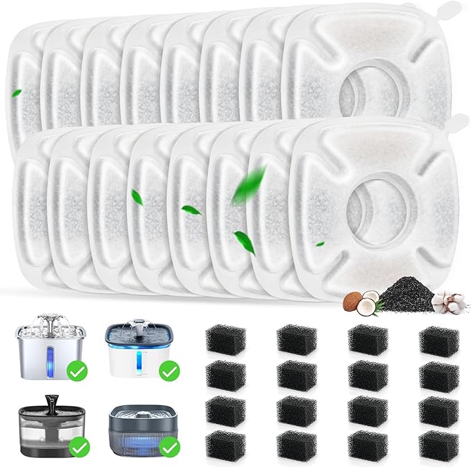 32 Pack Cat Water Fountain Filters, 16 Pcs Replacement Cats Fountain Filters & 16 Pcs Pre-Filter Sponges for 95oz/2.8L 135oz/4L 67oz/2L Automatic Pet Water Fountain Cat Dog Water Dispenser Filter