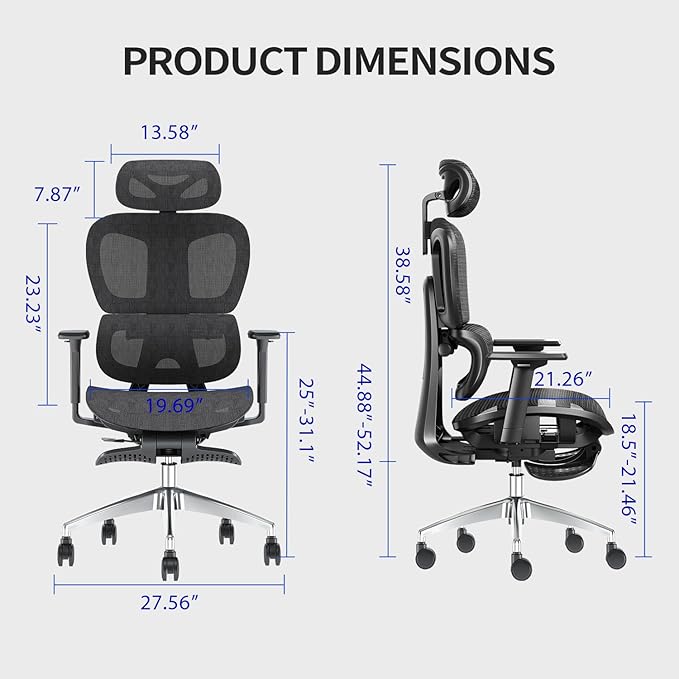 PatioMage Ergonomic Office Chair, Big and Tall Desk Chair with Adjustable Lumbar Support & Seat Depth, High Back Computer Chair, Swivel Mesh Chairs with Wheels for Home Office, Black