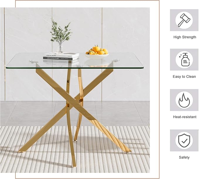 Goujxcy Glass Dining Table Set for 4, Modern Kitchen Table and Chairs Set of 4, 5-Piece Kitchen Dining Room Table Set w/36 Square Gold Glass Dining Table and 4 Grey Velvet Upholstered Chairs