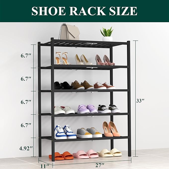 Smiry Shoe Rack, 5 Tier Thick Bamboo Shoe Organizer, Stackable Free Standing Wooden Shoe Storage Shelf for Closet, Entryway, Front Door Entrance, Black