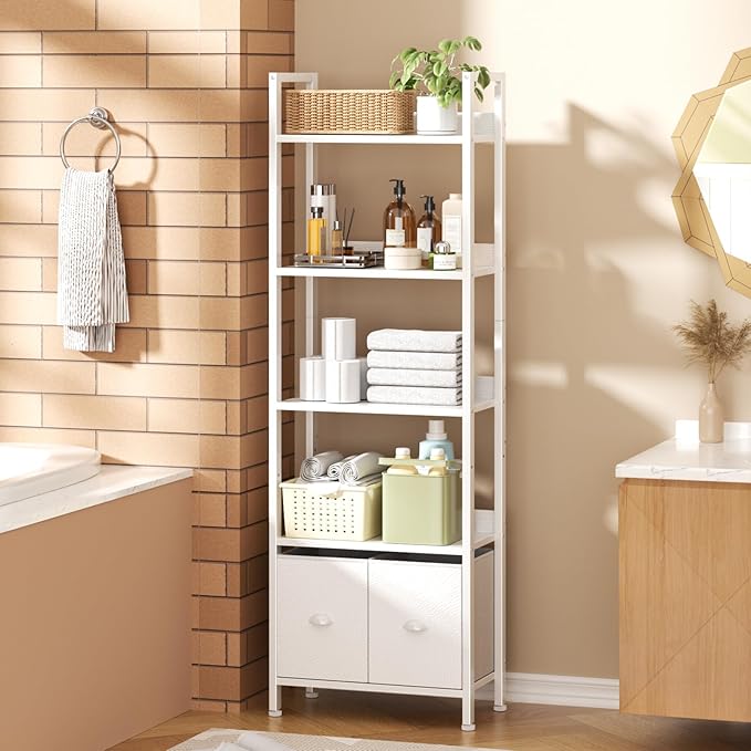 Furologee 5 Tier Bookshelf with Drawers, White Tall Bookcase with Shelves, Wood and Metal Bookshelves Storage Organizer, Modern Display Free Standing Shelf Unit for Bedroom, Living Room, Office