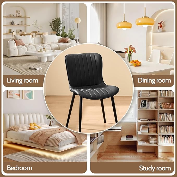 Modern Dining Chairs Set of 6, Heavy Duty Upholstered Side Chairs with Faux Leather, Comfortable Cushions & Durable Metal Legs with Adjustable Feet, Perfect for Kitchen, Dining Room (Black)