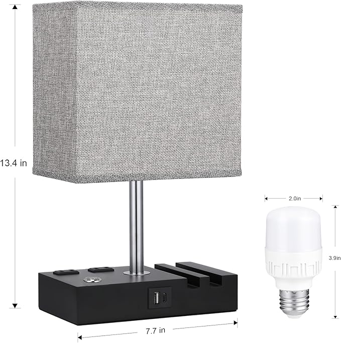 Kakanuo Nightstand Lamp for Bedroom with Dual USB Ports, Grey Touch Control Bedside Table Lamp with Charging Outlets and Phone Stands, 3-Way Dimmable Desk Lamp for Living Room, LED Bulb Included