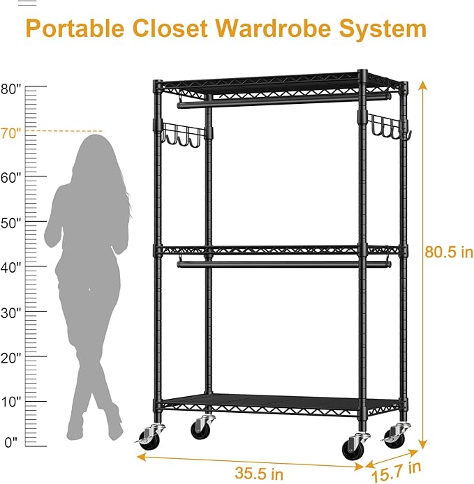 P1 Rolling Clothes Rack, Portable Wardrobe Closet with Wheels, Heavy-Duty Closet Clothing Rack for Hanging Clothes, 35.5" W x 15.7" D x 80.5" H, Hold 500lbs, Black