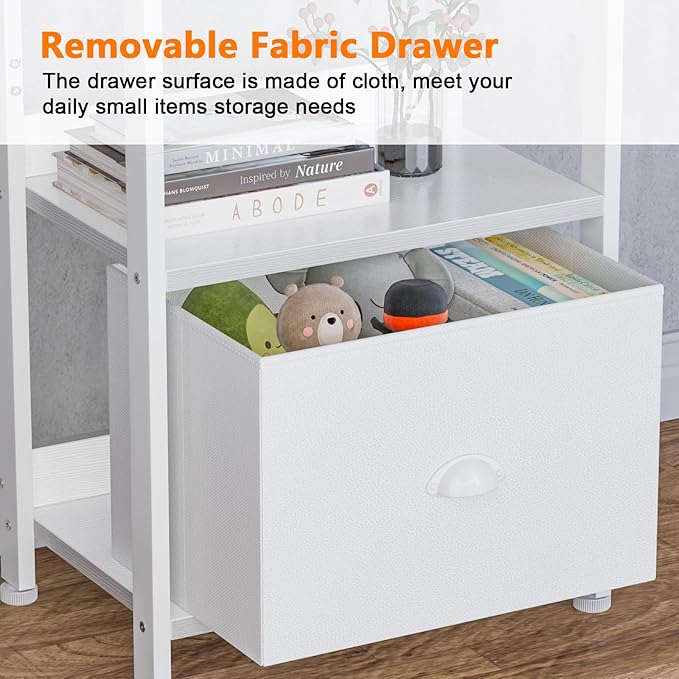 Furologee 5 Tier Bookshelf with Drawer, Tall Narrow Bookcase with Shelves, Wood and Metal Book Shelf Storage Organizer, Modern Display Standing Shelf Unit for Bedroom, Living Room, Office, White