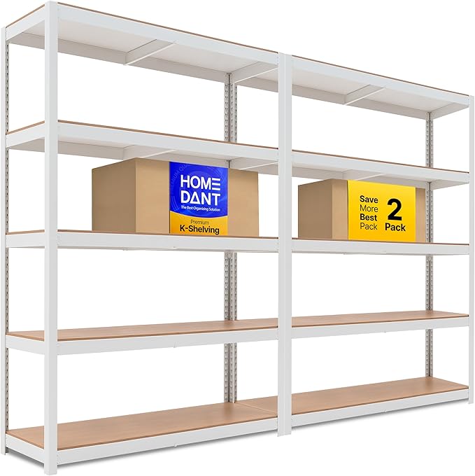 HOMEDANT House 5 Tier Laminated Metal Shelving Unit Adjustable Storage Utility Rack Heavy Duty Shelves Organization Multipurpose Shelf Kitchen Garage Pantry Closet (2, (L) 48.1" W, White)