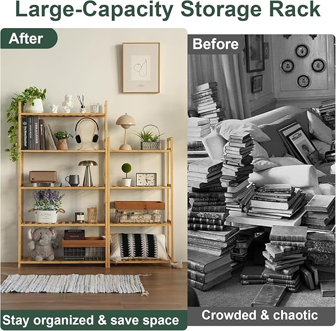 Bamboo Shelf, 4-Tier Bookcase Storage Shelves, Small Book Rack Shelving Unit, Multipurpose Storage Display Shelf for Bathroom Kitchen Living Room Office (4T- Natural)