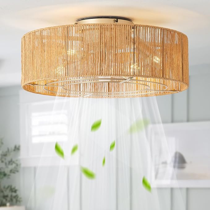 Ceiling Fans with Lights, 20" Boho Ceiling Fan with Light Flush Mount, Rattan Low rofile with 6 Speeds, Remote Control for Bedroom, Nursery, Living Room