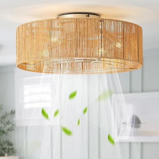 Ceiling Fans with Lights, 20" Boho Ceiling Fan with Light Flush Mount, Rattan Low rofile with 6 Speeds, Remote Control for Bedroom, Nursery, Living Room