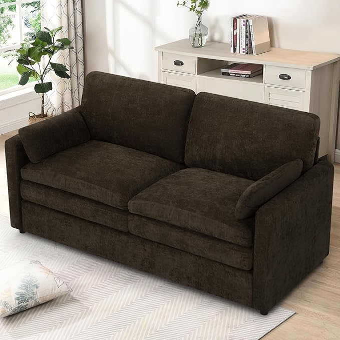 69" Chenille Modern Couch with Cozy & Soft Backrests, 2 Seats Sofa with 2 Extra Pillows, Comfy Upholstered Sofa with Thicker Cushions for Living Room, Office, Brown