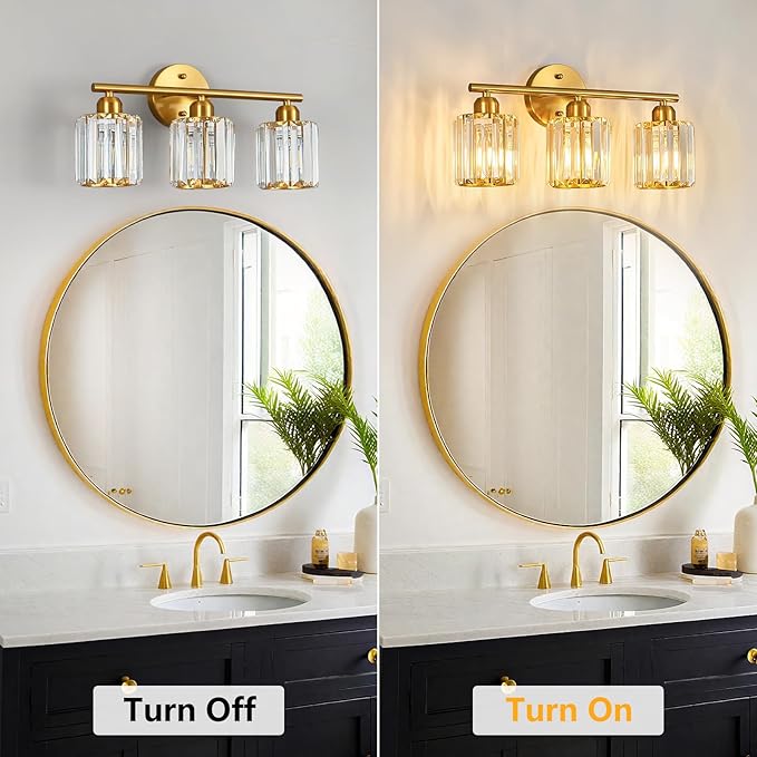 Modern 3 Light Crystal Vanity Light, Brushed Gold Vertical Bathroom Light Fixture Over Mirror for Dressing Table Sink, Compatible with Dimmable Bulbs (Bulbs Not Included)