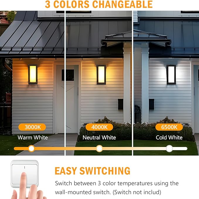 wowlite Exterior Lighting Fixtures 1 Pack, 12W Outdoor Wall Lights 3000k 4000k 6500k 3 Colors Changeable, Modern Outdoor Light Fixture Aluminum LED Front Porch Light for House Patio Front Door