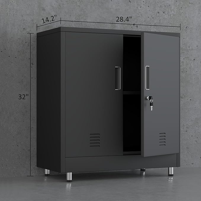 Metal Storage Cabinet with Locking Doors and Adjustable Shelf, Small Lockable Sideboard Buffet Cabinet for Home Office Hallway Entryway Living Dining Room (Black)
