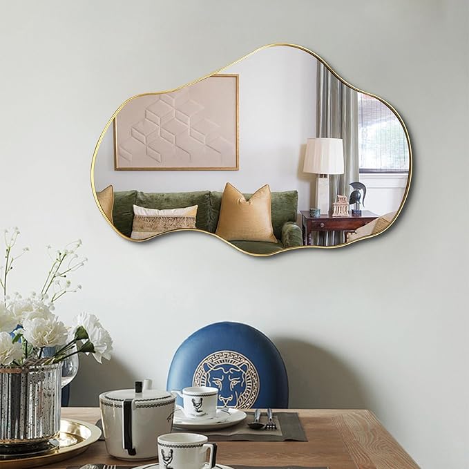 Irregular Mirror, 30"x20" Asymmetrical Mirror with Gold Metal Frame, Modern Funky Odd Shaped Mirrors, Abstract Wall Mirrors for Living Room Bathroom Bedroom Hallway Entryway Fireplace