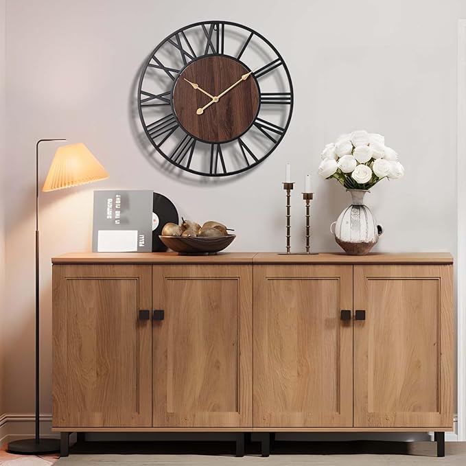 Vantic 24 Inch Large Wall Clock, Roman Numeral Wood Oversized Wall Clocks for Living Room Decor, Farmhouse, Bedroom and Kitchen, Completely Silent, Non Ticking, Battery Operated