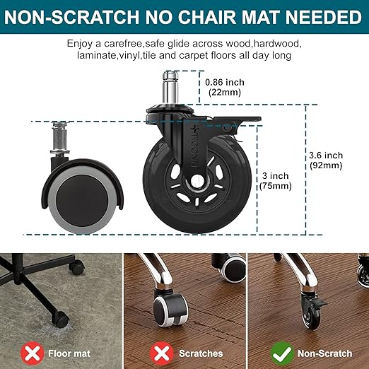 TICONN Office Chair Caster Wheels Set of 5 for Tile, Hardwood Floors and Carpets, Universal Fit for Most Chairs (Black with Brake)