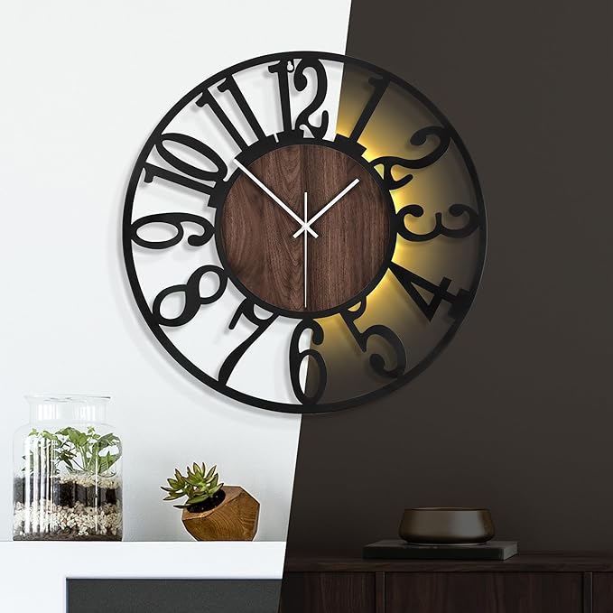 20 Inch Large Metal Wall Clock with Voice and Light Sensor Night Light, Glow in The Dark Non-Ticking Silent Battery Operated Decorative Oversized Wall Clock for Bedroom Living Room Decor