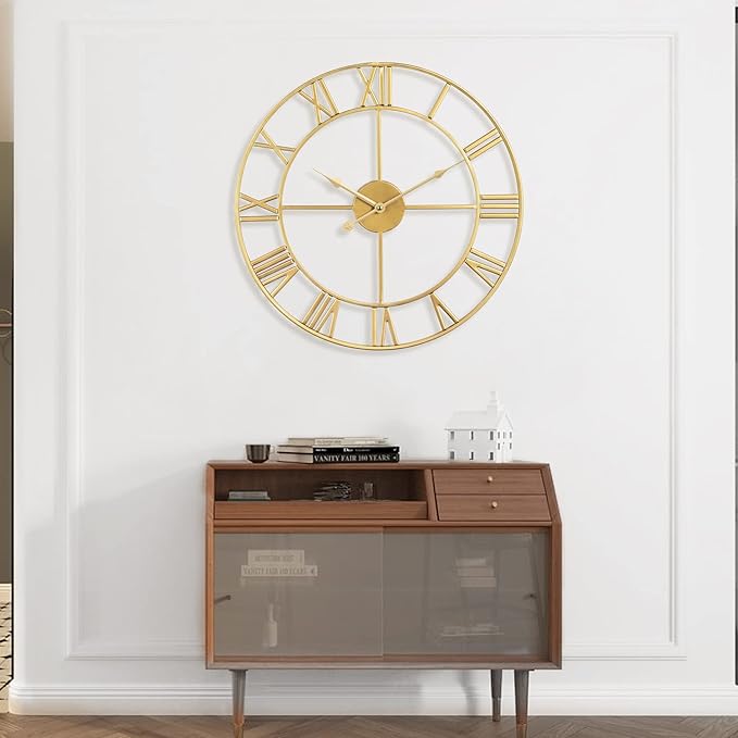 1st owned Large Wall Clock, Metal Retro Roman Numeral Clock, Modern Round Wall Clocks Almost Silent, Easy to Read for Living Room/Home/Kitchen/Bedroom/Office/School Decor (Gold, 18.5 Inch)